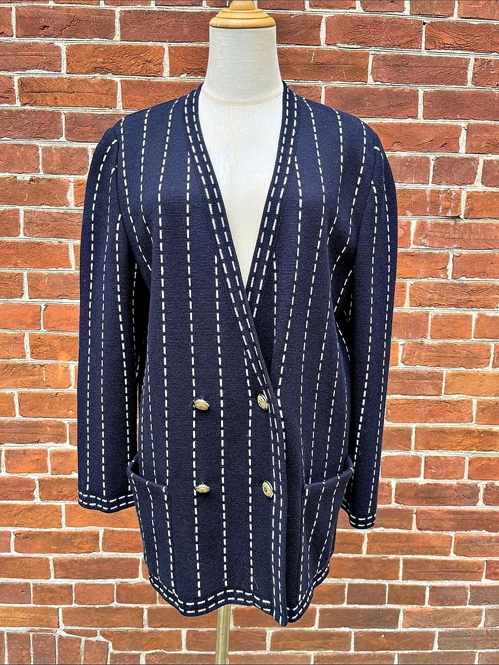 Vintage Devernois Striped Wool Blend Cardigan in Blue & White
